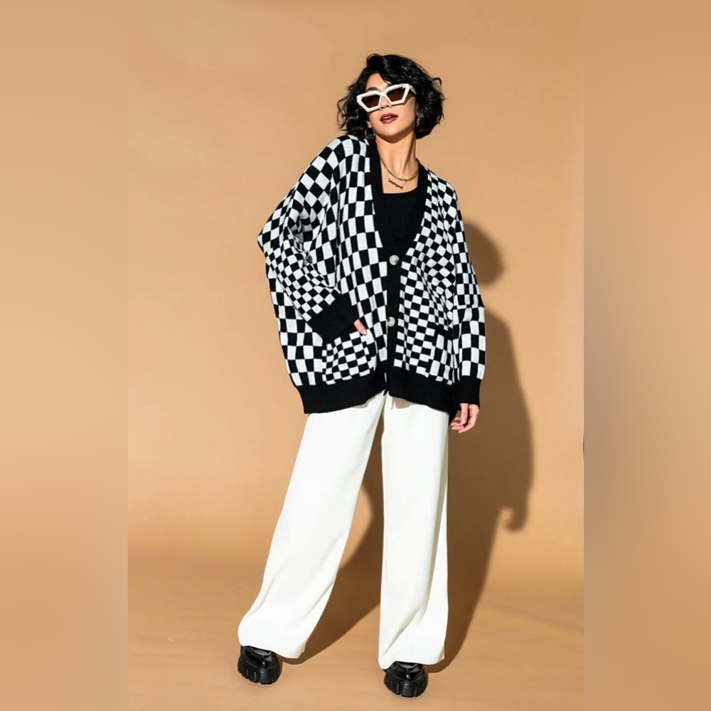 Dressed in Lala LALA ORIGINAL Love You Oversized Cardigan in Mixed Checkerboard